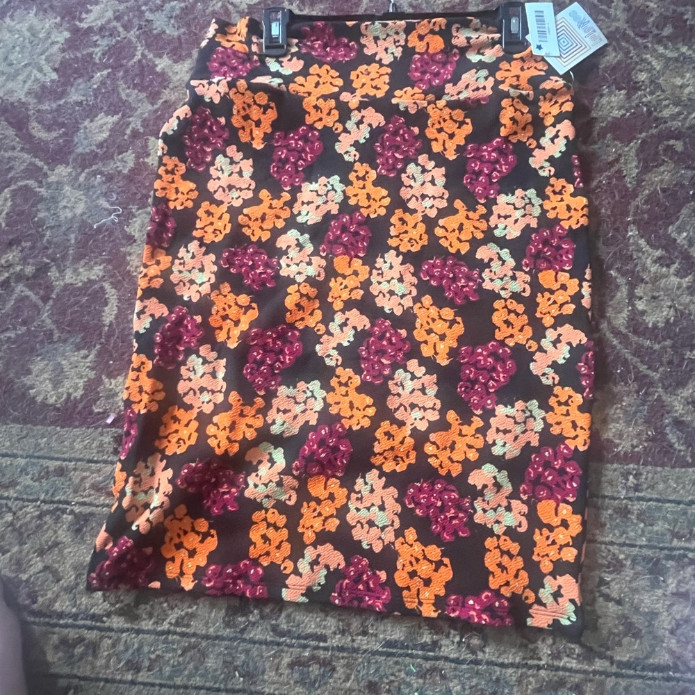 LuLaRoe Cassie Pencil Skirt - Brown with Orange & Pink Blossoms Size Large